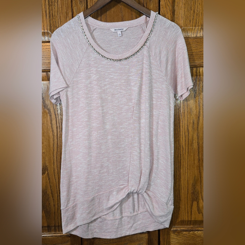 Juicy Couture Short Sleeve Rhinestone Collar Pink Scoop Front Knot Soft …